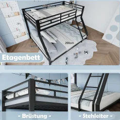 Enfant Generique Lit Superposé Métal 90x200 et 140x200 cm, Lit Double enfant/Ado avec Échelle et Barrières de Sécurité - Sans Matelas - Noir