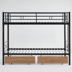 Simple Life Lit superposé métal 90x200cm pour 2 enfants avec 2 tiroirs, garde-corps, convertible, noir Clearance