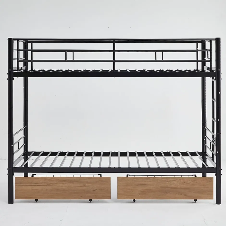 Simple Life Lit superposé métal 90x200cm pour 2 enfants avec 2 tiroirs, garde-corps, convertible, noir Clearance
