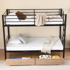 Simple Life Lit superposé métal 90x200cm pour 2 enfants avec 2 tiroirs, garde-corps, convertible, noir Clearance