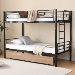 Simple Life Lit superposé métal 90x200cm pour 2 enfants avec 2 tiroirs, garde-corps, convertible, noir Clearance