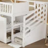 Simple Life Lit superposé multifonction, avec protection, bureau, armoire, casiers, 2 casiers dans escalier, pin MDF, blanc, 90x200cm New