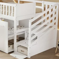 Redom Lit superposé multifonction avec bureau armoire 2 casiers échelle garde-corps pin MDF blanc 90x200 Best