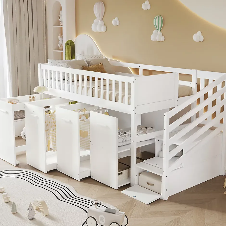Redom Lit superposé multifonction avec bureau armoire 2 casiers échelle garde-corps pin MDF blanc 90x200 Best