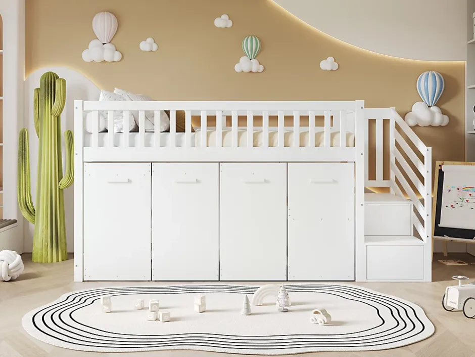 Redom Lit superposé multifonction avec bureau armoire 2 casiers échelle garde-corps pin MDF blanc 90x200 Best