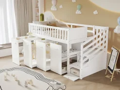 Redom Lit superposé multifonction avec bureau armoire 2 casiers échelle garde-corps pin MDF blanc 90x200 Best