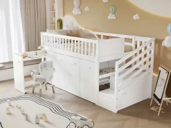 Redom Lit superposé multifonction avec bureau armoire 2 casiers échelle garde-corps pin MDF blanc 90x200 Best