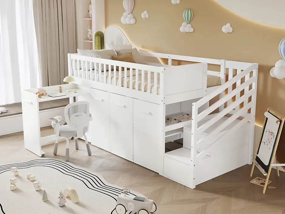 Redom Lit superposé multifonction avec bureau armoire 2 casiers échelle garde-corps pin MDF blanc 90x200 Best