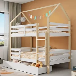 ModernLuxe Lit superposé pour enfant 90x200cm - Lit cabane - avec 2 grands tiroirs - Bois massif - Blanc + Naturel (sans matelas) Online