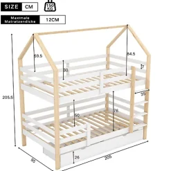 ModernLuxe Lit superposé pour enfant 90x200cm - Lit cabane - avec 2 grands tiroirs - Bois massif - Blanc + Naturel (sans matelas) Online