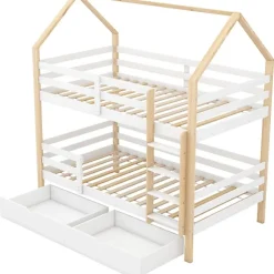 ModernLuxe Lit superposé pour enfant 90x200cm - Lit cabane - avec 2 grands tiroirs - Bois massif - Blanc + Naturel (sans matelas) Online
