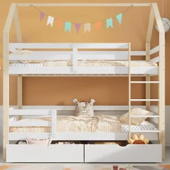 ModernLuxe Lit superposé pour enfant 90x200cm - Lit cabane - avec 2 grands tiroirs - Bois massif - Blanc + Naturel (sans matelas) Online