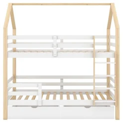 ModernLuxe Lit superposé pour enfant 90x200cm - Lit cabane - avec 2 grands tiroirs - Bois massif - Blanc + Naturel (sans matelas) Online