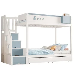 Blackcolors Lit superposé pour enfant 90x200,blanc et bleu, motifs lapins et carottes, rangement amovible, échelle sécurisée Best