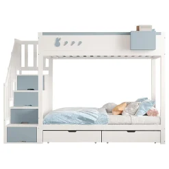 Blackcolors Lit superposé pour enfant 90x200,blanc et bleu, motifs lapins et carottes, rangement amovible, échelle sécurisée Best