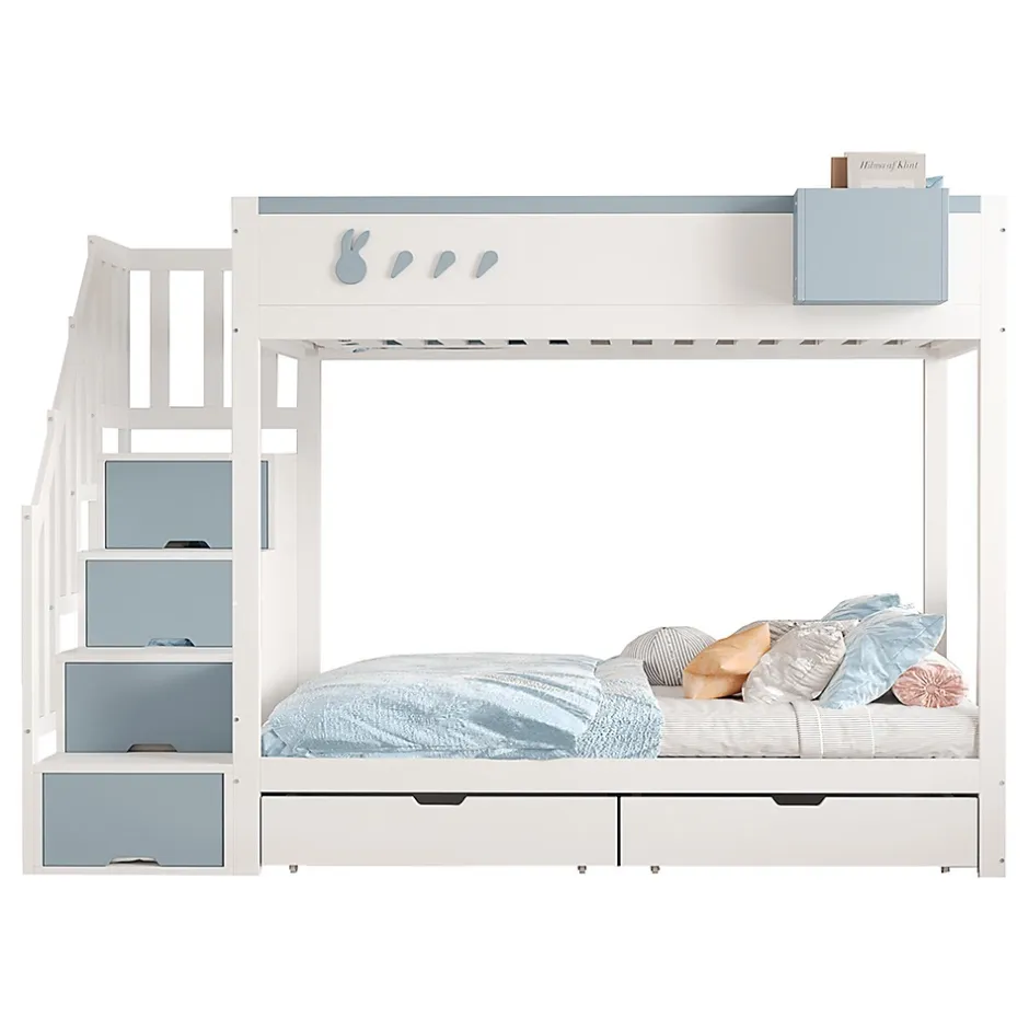 Blackcolors Lit superposé pour enfant 90x200,blanc et bleu, motifs lapins et carottes, rangement amovible, échelle sécurisée Best