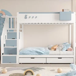 Blackcolors Lit superposé pour enfant 90x200,blanc et bleu, motifs lapins et carottes, rangement amovible, échelle sécurisée Best