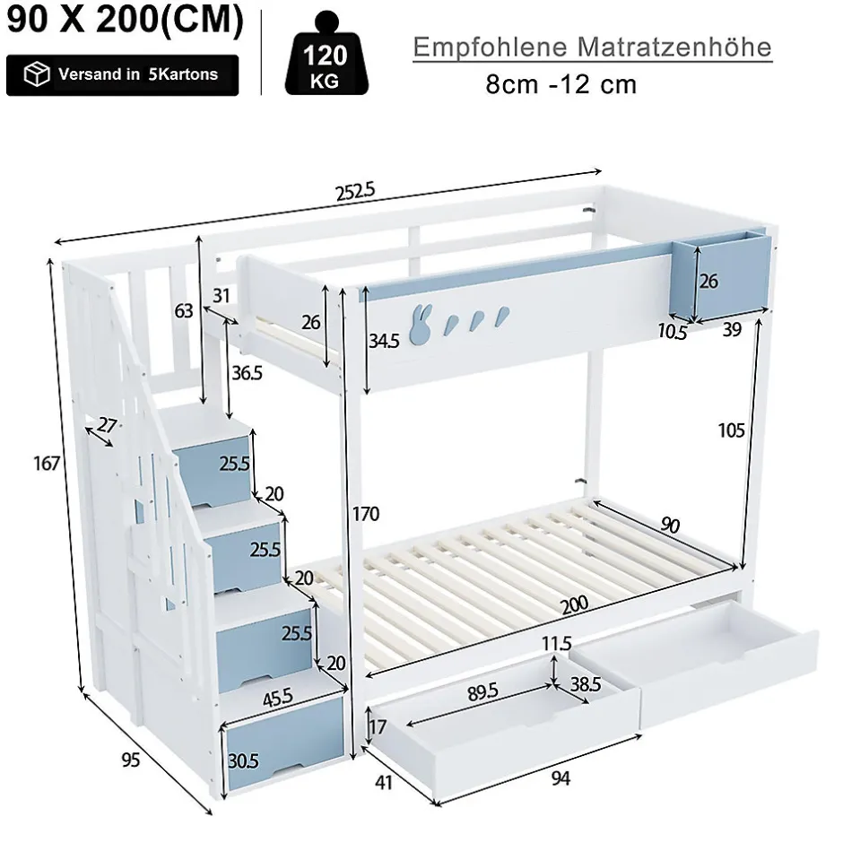 Blackcolors Lit superposé pour enfant 90x200,blanc et bleu, motifs lapins et carottes, rangement amovible, échelle sécurisée Best