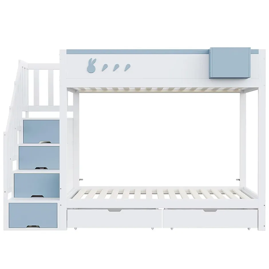Blackcolors Lit superposé pour enfant 90x200,blanc et bleu, motifs lapins et carottes, rangement amovible, échelle sécurisée Best