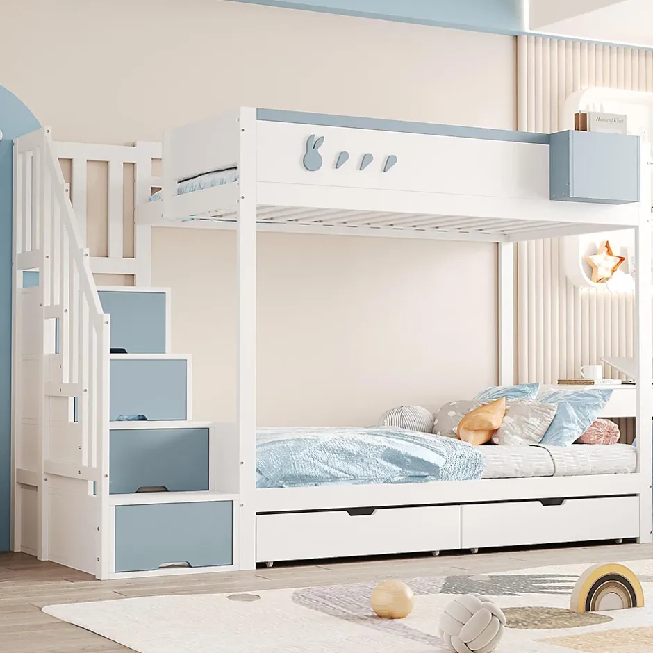 Blackcolors Lit superposé pour enfant 90x200,blanc et bleu, motifs lapins et carottes, rangement amovible, échelle sécurisée Best