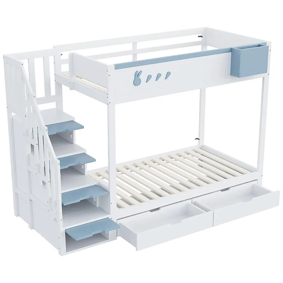 Blackcolors Lit superposé pour enfant 90x200,blanc et bleu, motifs lapins et carottes, rangement amovible, échelle sécurisée Best