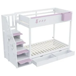 Blackcolors Lit superposé pour enfant 90x200cm,blanc+rose, motifs lapins et carottes, rangement amovible, échelle sécurisée, tiroirs Discount
