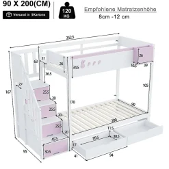 Blackcolors Lit superposé pour enfant 90x200cm,blanc+rose, motifs lapins et carottes, rangement amovible, échelle sécurisée, tiroirs Discount