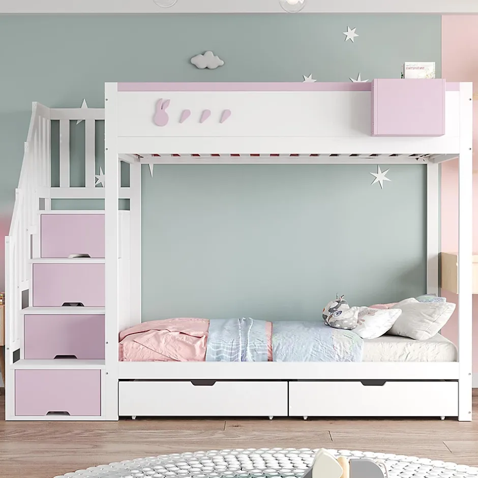 Blackcolors Lit superposé pour enfant 90x200cm,blanc+rose, motifs lapins et carottes, rangement amovible, échelle sécurisée, tiroirs Discount