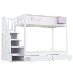 Blackcolors Lit superposé pour enfant 90x200cm,blanc+rose, motifs lapins et carottes, rangement amovible, échelle sécurisée, tiroirs Discount