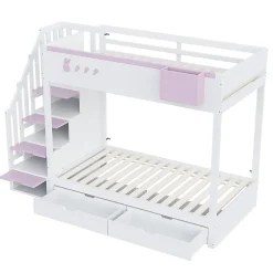 Blackcolors Lit superposé pour enfant 90x200cm,blanc+rose, motifs lapins et carottes, rangement amovible, échelle sécurisée, tiroirs Discount