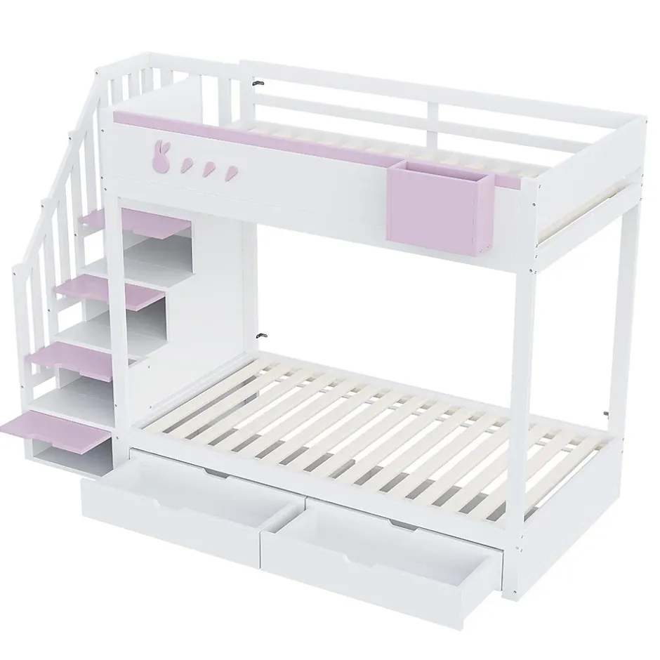Blackcolors Lit superposé pour enfant 90x200cm,blanc+rose, motifs lapins et carottes, rangement amovible, échelle sécurisée, tiroirs Discount