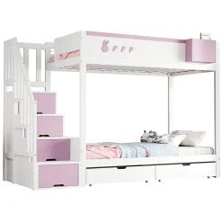 Blackcolors Lit superposé pour enfant 90x200cm,blanc+rose, motifs lapins et carottes, rangement amovible, échelle sécurisée, tiroirs Discount
