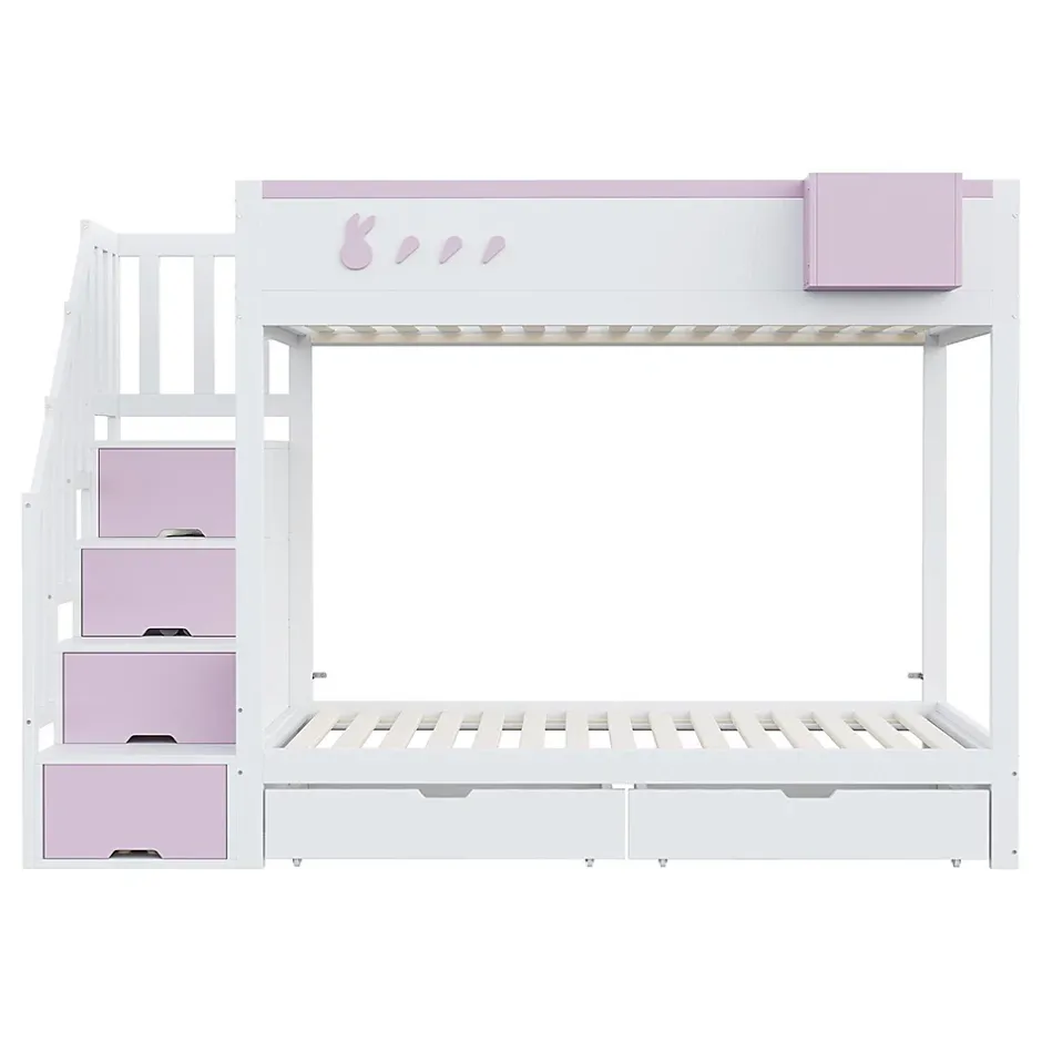 Blackcolors Lit superposé pour enfant 90x200cm,blanc+rose, motifs lapins et carottes, rangement amovible, échelle sécurisée, tiroirs Discount