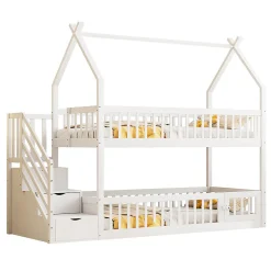 Enfant Blackcolors Lit superposé pour enfants en bois massif,90x200cm,blanc, avec toit, échelle de sécurité et tiroirs de rangement