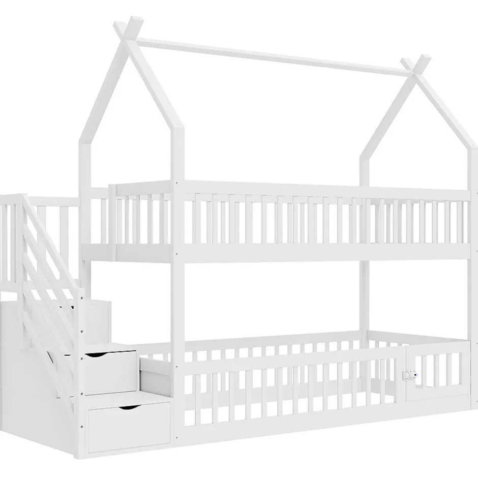 Enfant Blackcolors Lit superposé pour enfants en bois massif,90x200cm,blanc, avec toit, échelle de sécurité et tiroirs de rangement