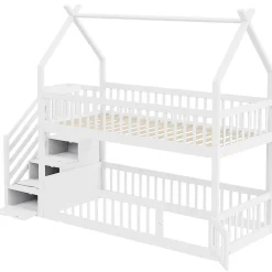 Enfant Blackcolors Lit superposé pour enfants en bois massif,90x200cm,blanc, avec toit, échelle de sécurité et tiroirs de rangement