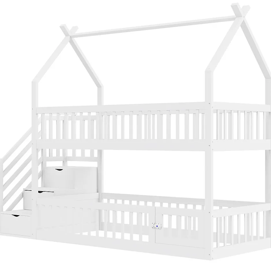 Enfant Blackcolors Lit superposé pour enfants en bois massif,90x200cm,blanc, avec toit, échelle de sécurité et tiroirs de rangement