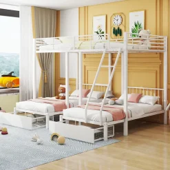 ProximaX Lit superposé triple, cadre de lit métallique, 140x200cm et 2 lit 90x200cm, avec échelle et 2 tiroirs, sommier inclus, blanc New