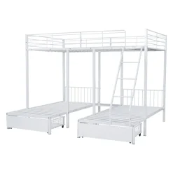 ProximaX Lit superposé triple, cadre de lit métallique, 140x200cm et 2 lit 90x200cm, avec échelle et 2 tiroirs, sommier inclus, blanc New