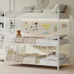 Enfant Okwish Lit Superposé Triple 90x190 cm - avec Échelle Intégrée et Garde-Corps, Structure en Métal, pour Enfant Ado, sans Matelas, Blanc