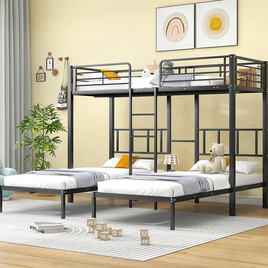 Enfant Redom Lit superposé triple 90x200 cm en métal avec échelle intégrée et tablette tête de lit, chambre enfant