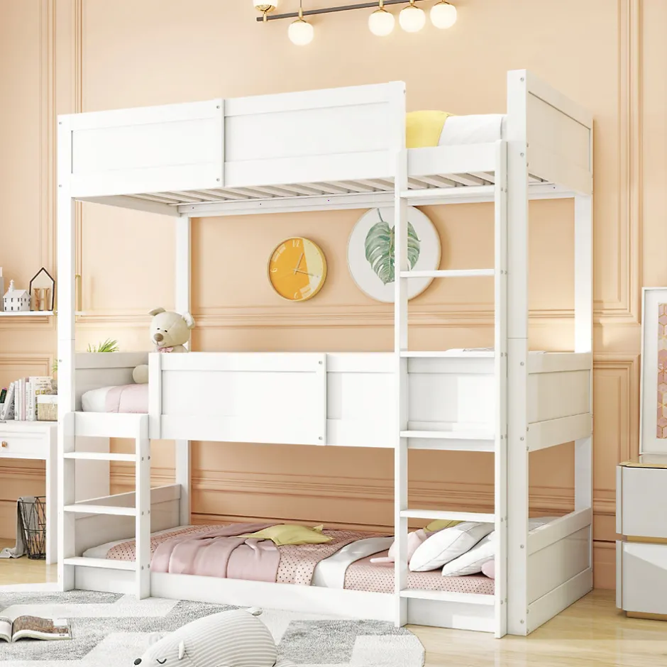 Enfant Okwish Lit superposé triple 90x200 cm avec rail haut - Transformable en 3 lits simples - Bois - Sans matelas - Blanc