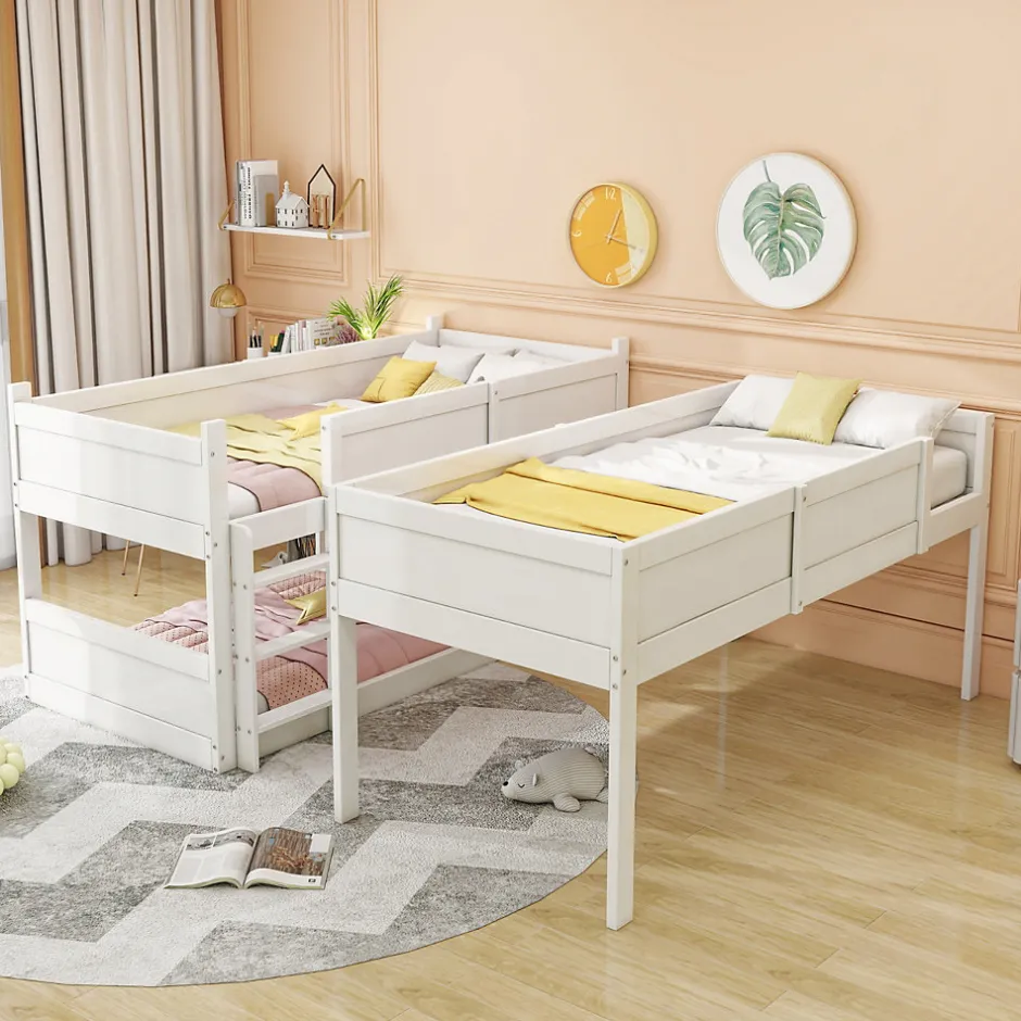 Enfant Okwish Lit superposé triple 90x200 cm avec rail haut - Transformable en 3 lits simples - Bois - Sans matelas - Blanc