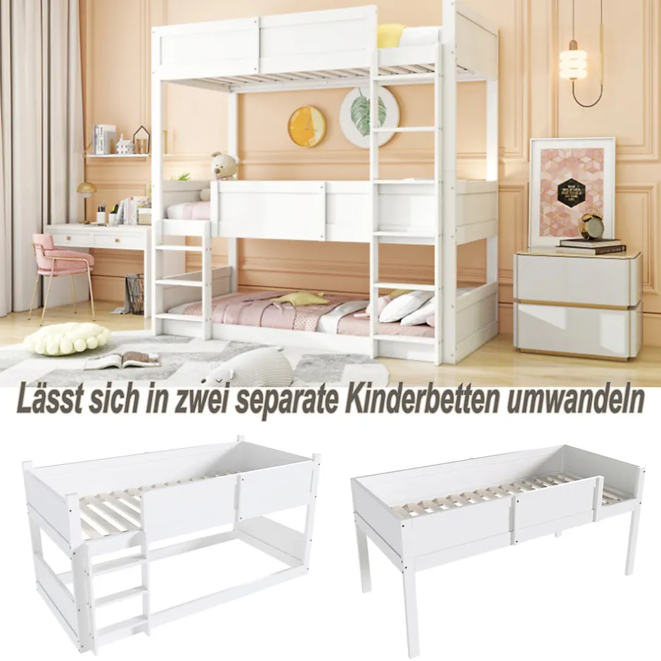 Enfant Okwish Lit superposé triple 90x200 cm avec rail haut - Transformable en 3 lits simples - Bois - Sans matelas - Blanc