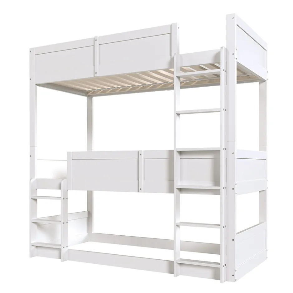 Enfant Okwish Lit superposé triple 90x200 cm avec rail haut - Transformable en 3 lits simples - Bois - Sans matelas - Blanc