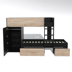 Weber Industries Lit superposé TWIN 90x190 avec armoire et tiroirs + 2 sommiers / Décor Chêne Blanchi et Noir Discount