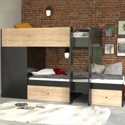 Weber Industries Lit superposé TWIN 90x190 avec armoire et tiroirs + 2 sommiers / Décor Chêne Blanchi et Noir Discount
