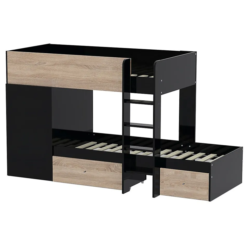 Weber Industries Lit superposé TWIN 90x190 avec armoire et tiroirs + 2 sommiers / Décor Chêne Blanchi et Noir Discount