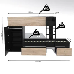Weber Industries Lit superposé TWIN 90x190 avec armoire et tiroirs + 2 sommiers / Décor Chêne Blanchi et Noir Discount