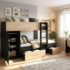 Weber Industries Lit superposé TWIN 90x190 avec armoire et tiroirs + 2 sommiers / Décor Chêne Blanchi et Noir Discount